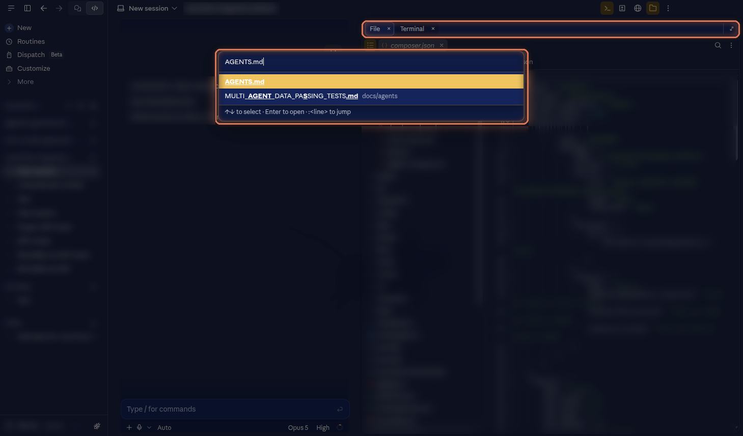 Ctrl+P quick open over the Files panel, and the side panels as tabs