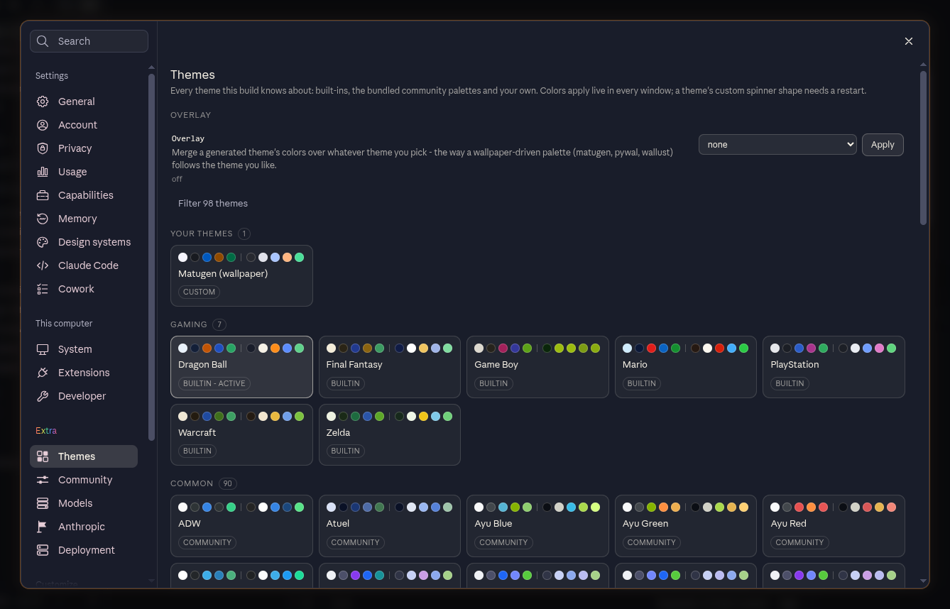 Settings → Extra → Themes