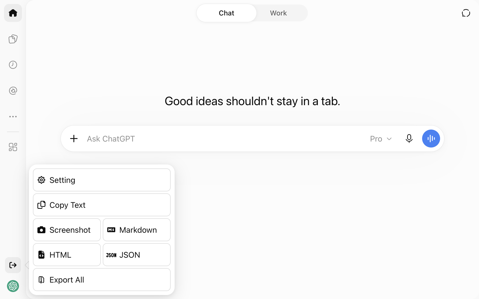 The ChatGPT Exporter menu opened from its icon in the ChatGPT sidebar