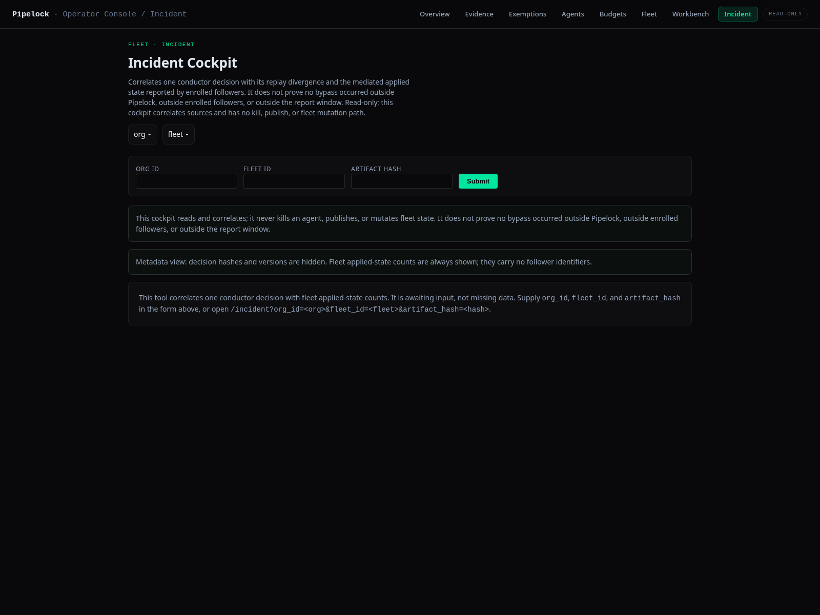 Pipelock dashboard Incident view with decision correlation and replay divergence