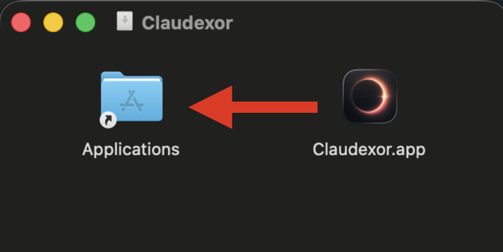 Installing the macOS app: the mounted DMG window with Claudexor.app being
dragged into the Applications folder