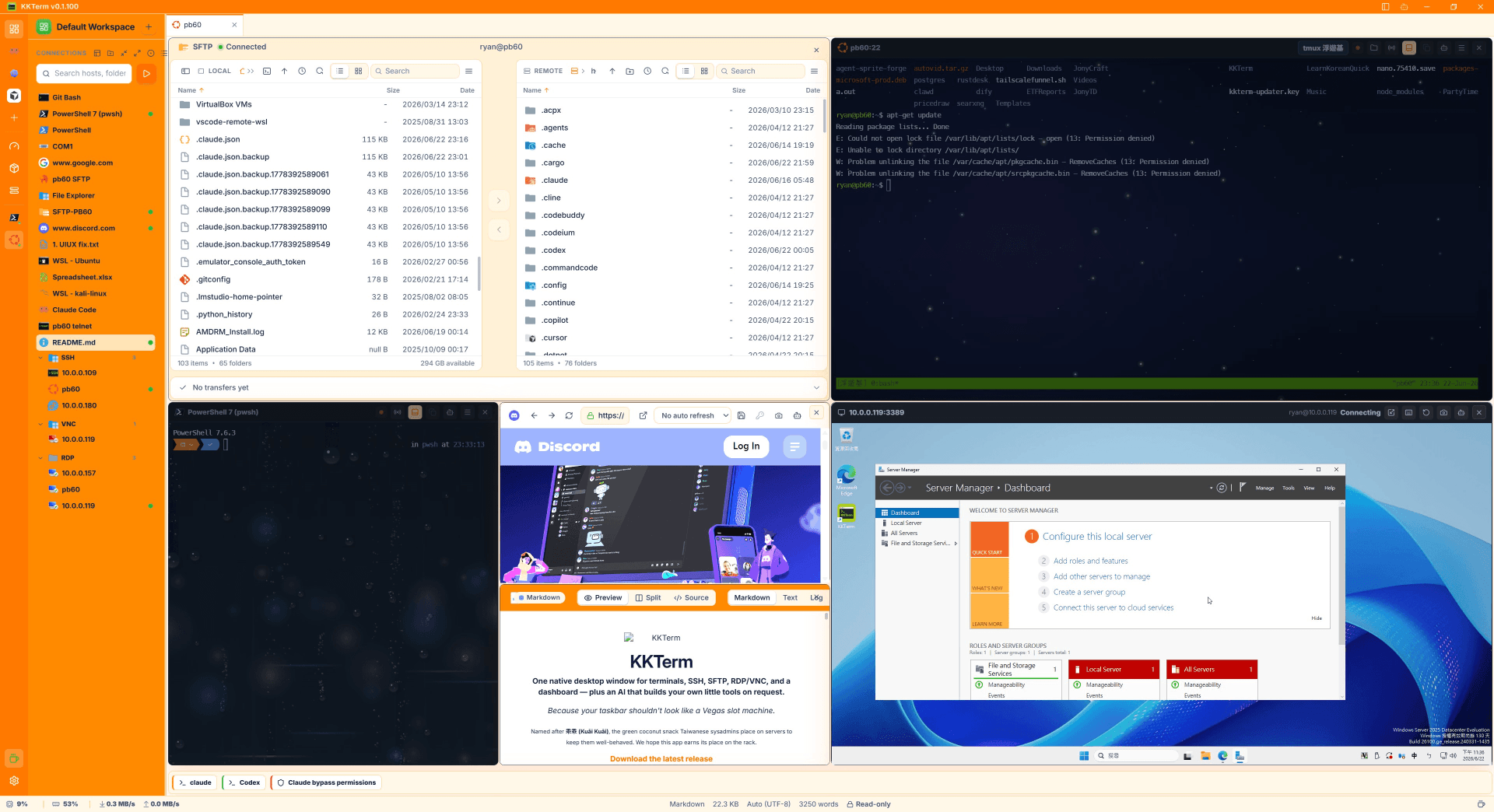 Mixed SSH, SFTP, terminal, URL, and RDP Panes in one KKTerm Tab