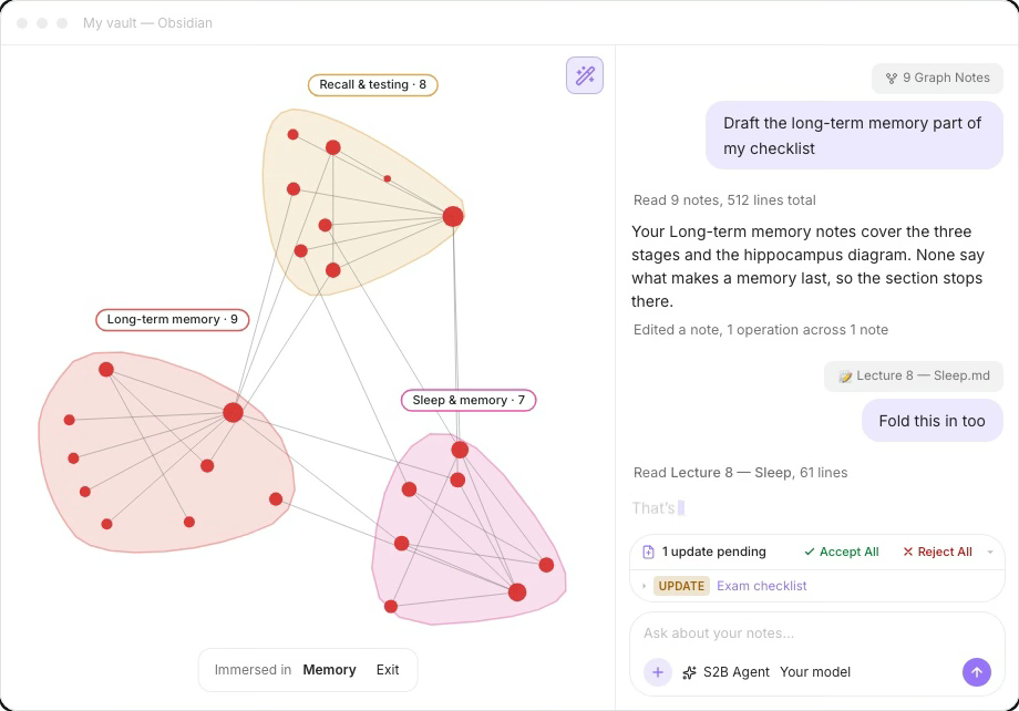 Smart Second Brain: the smart graph with the vault grouped into topics, beside a chat that reads your notes and proposes an edit
