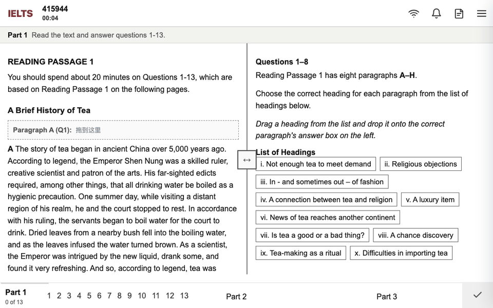Reading practice demo: drag answers into place, submit, and study the analysis view