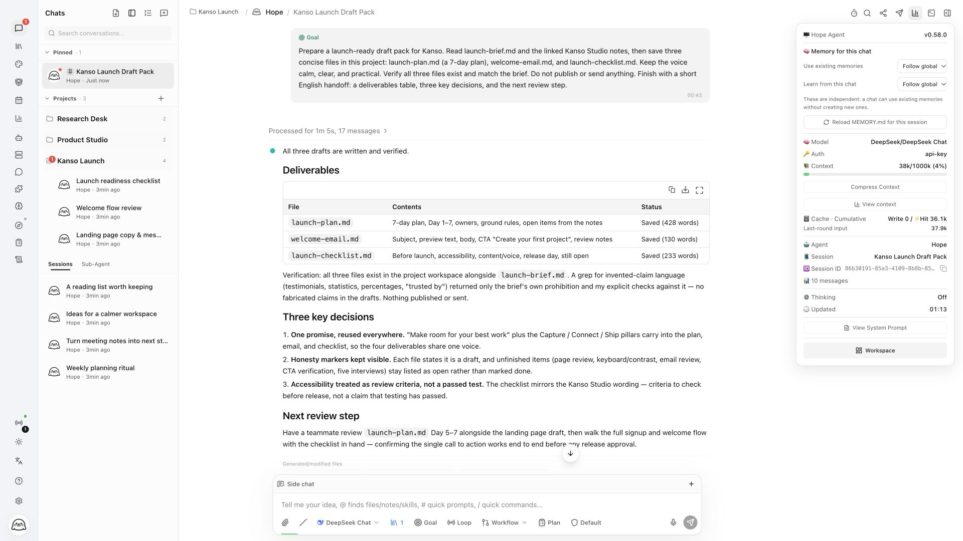 Hope Agent preparing the Kanso launch pack with project conversations, a deliverables table, and floating session status
