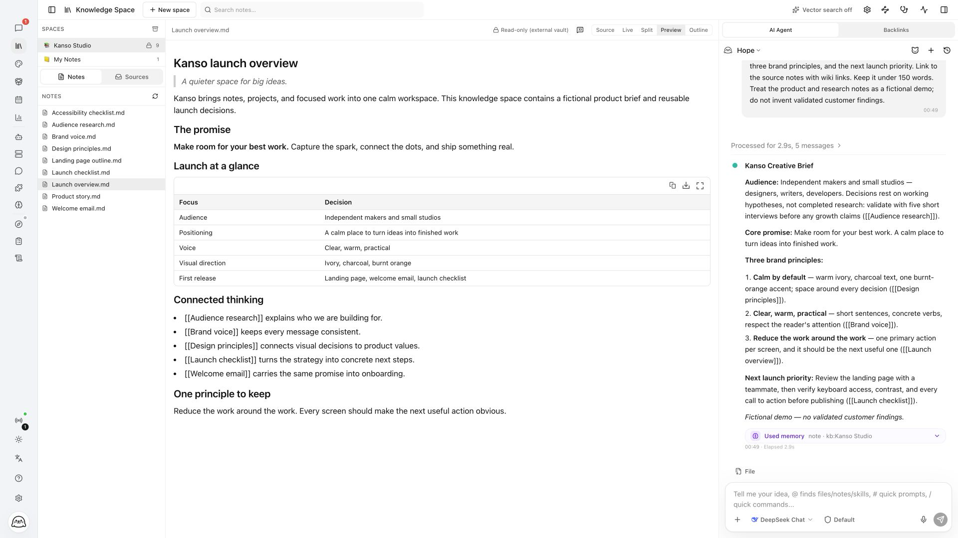 Kanso launch notes and an AI creative brief in Hope Agent Knowledge Space