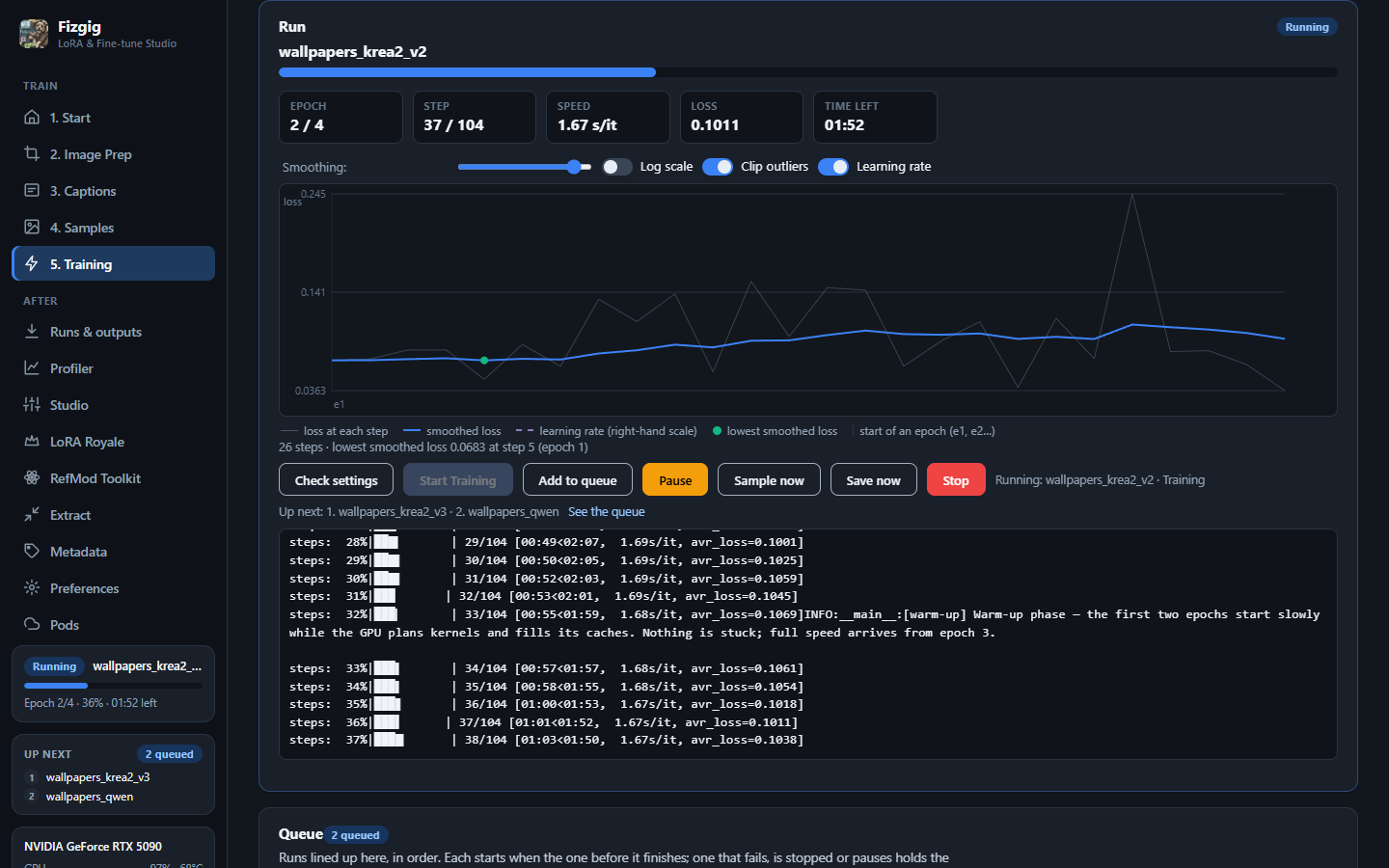 The Training tab: a run going, with its progress, Pause, Stop and Add to queue