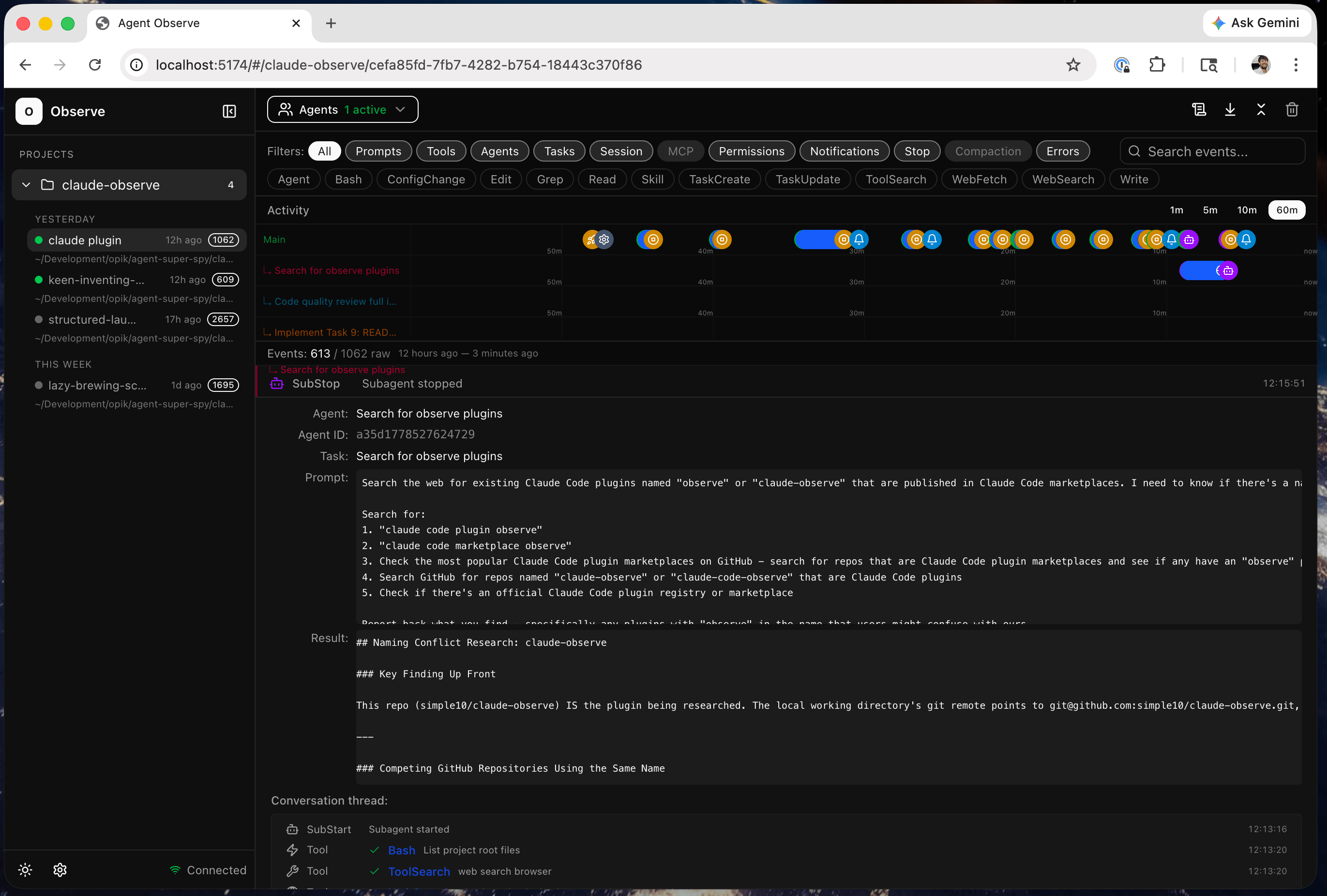 Agents Observe Dashboard Screenshot - Expanded Row