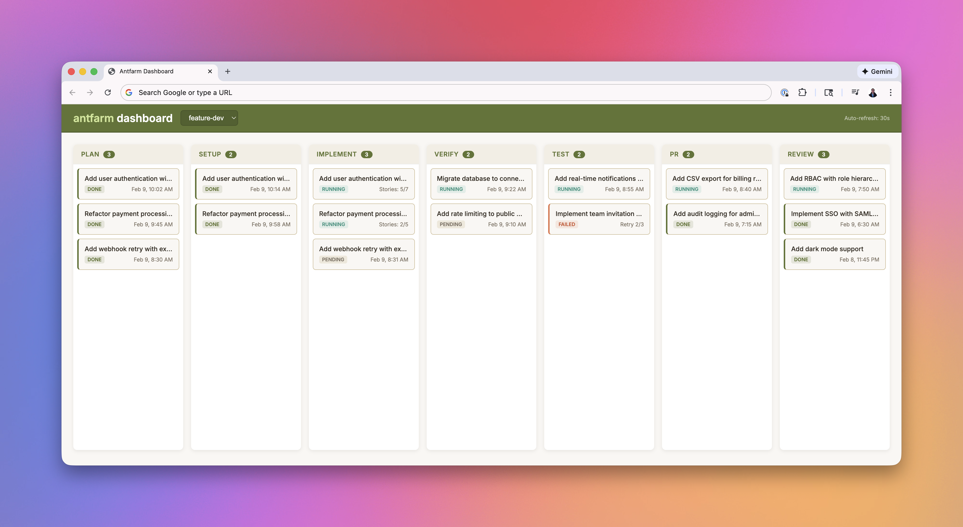 Antfarm dashboard
