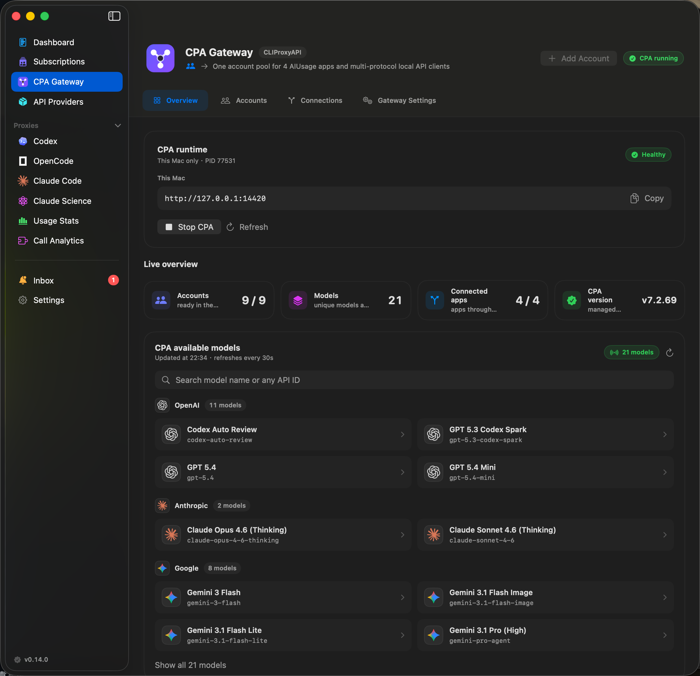 CPA Gateway overview with managed runtime, account pool, connected apps, and live models