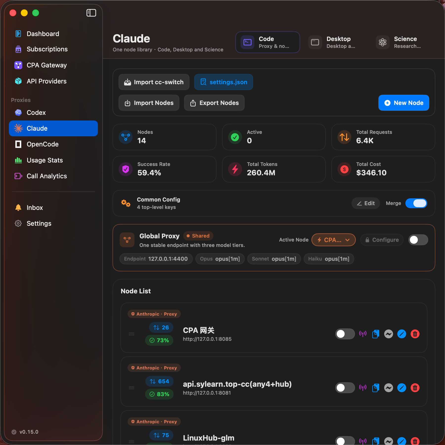 Claude Code proxy and node management