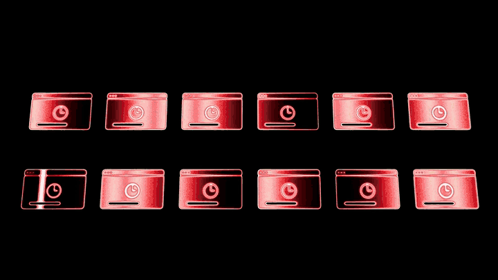 Twelve identical browser windows, tagged same machine times twelve, turn one by one into twelve different machines, each with its own screen and clock.