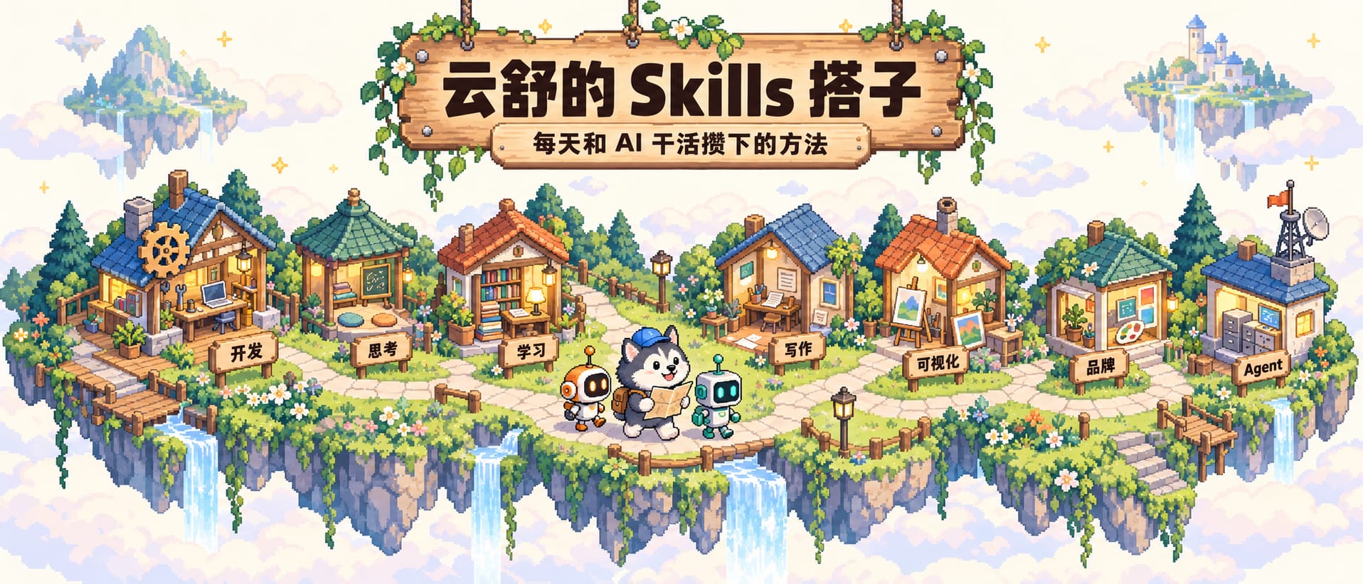 云舒的 Skills 搭子：蓝帽狗子和两个 AI 搭子走在一座漂浮小岛上，岛上七间小屋分别是开发、思考、学习、写作、可视化、品牌和 Agent