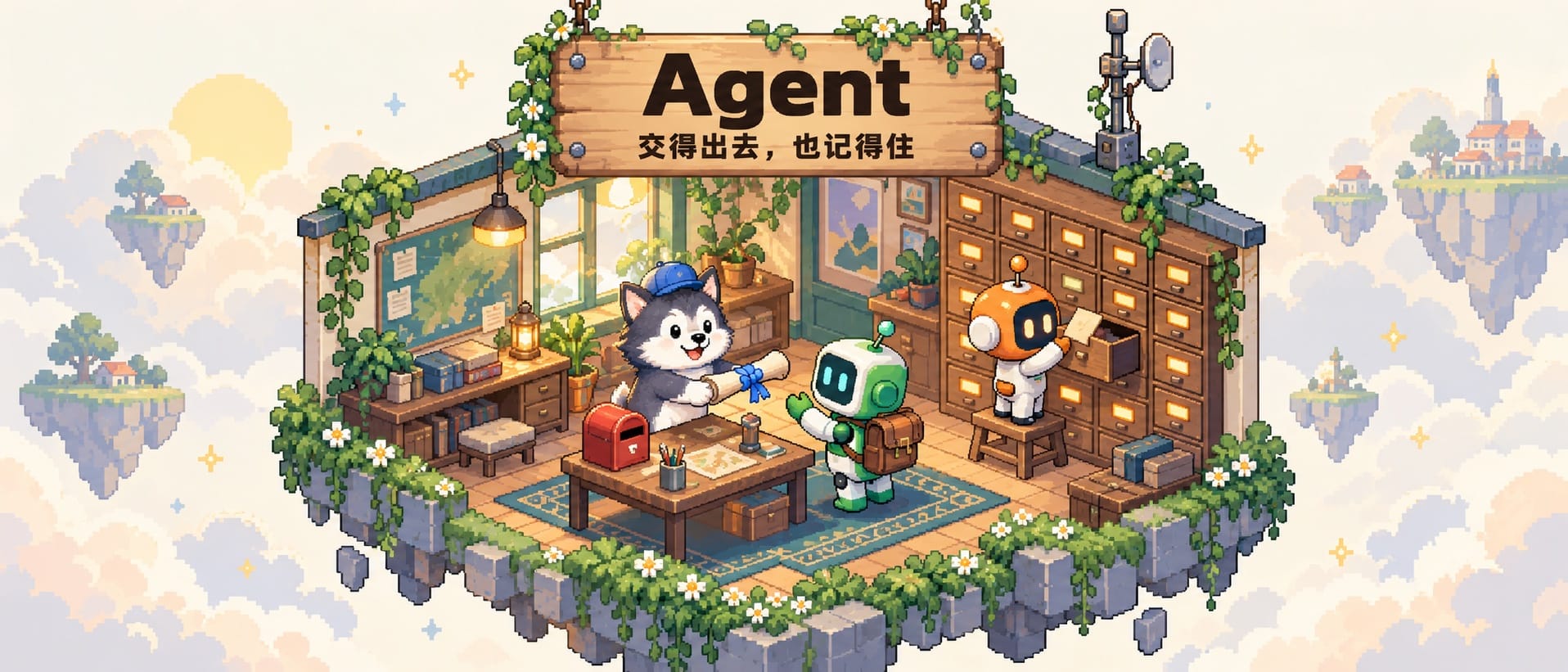 Agent：狗子把卷轴交给要出发的 AI 搭子，另一个搭子把卡片放进记忆抽屉