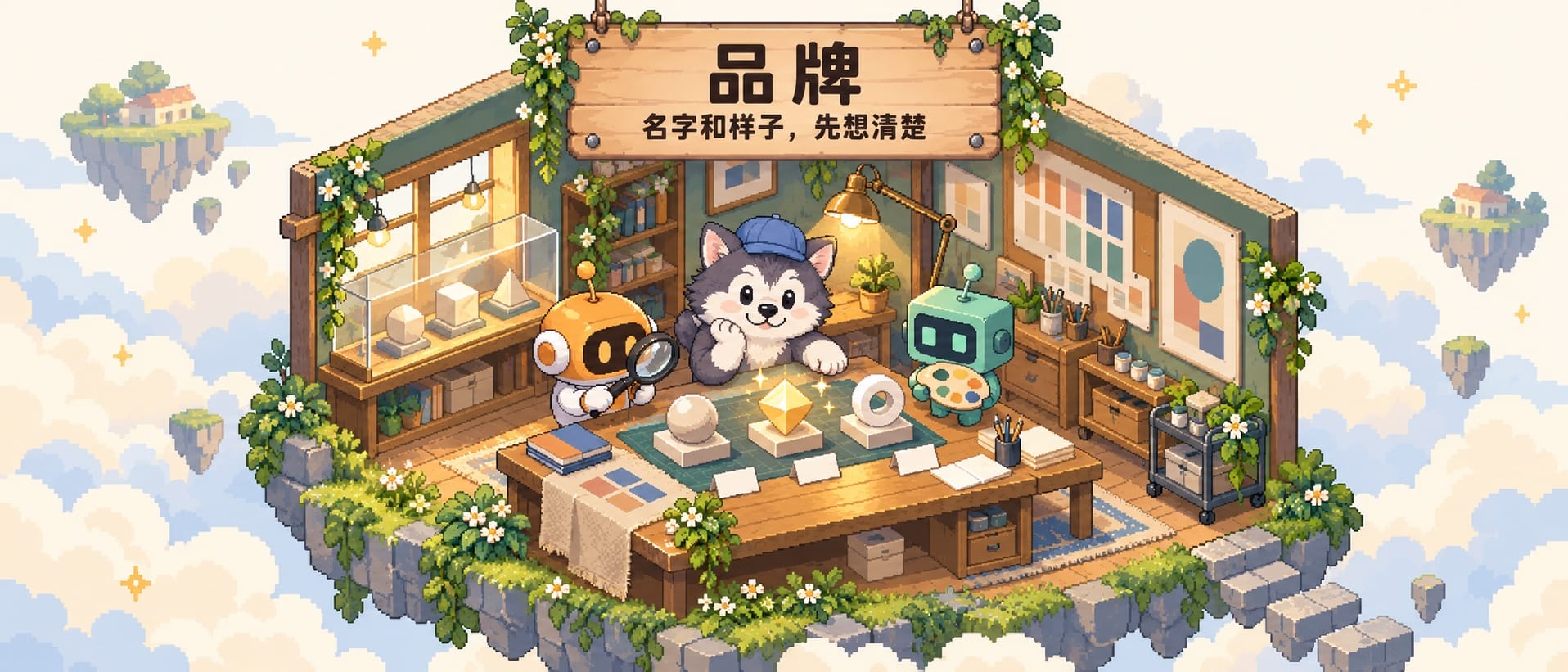 品牌：设计工坊里狗子在几枚徽记模型中挑选