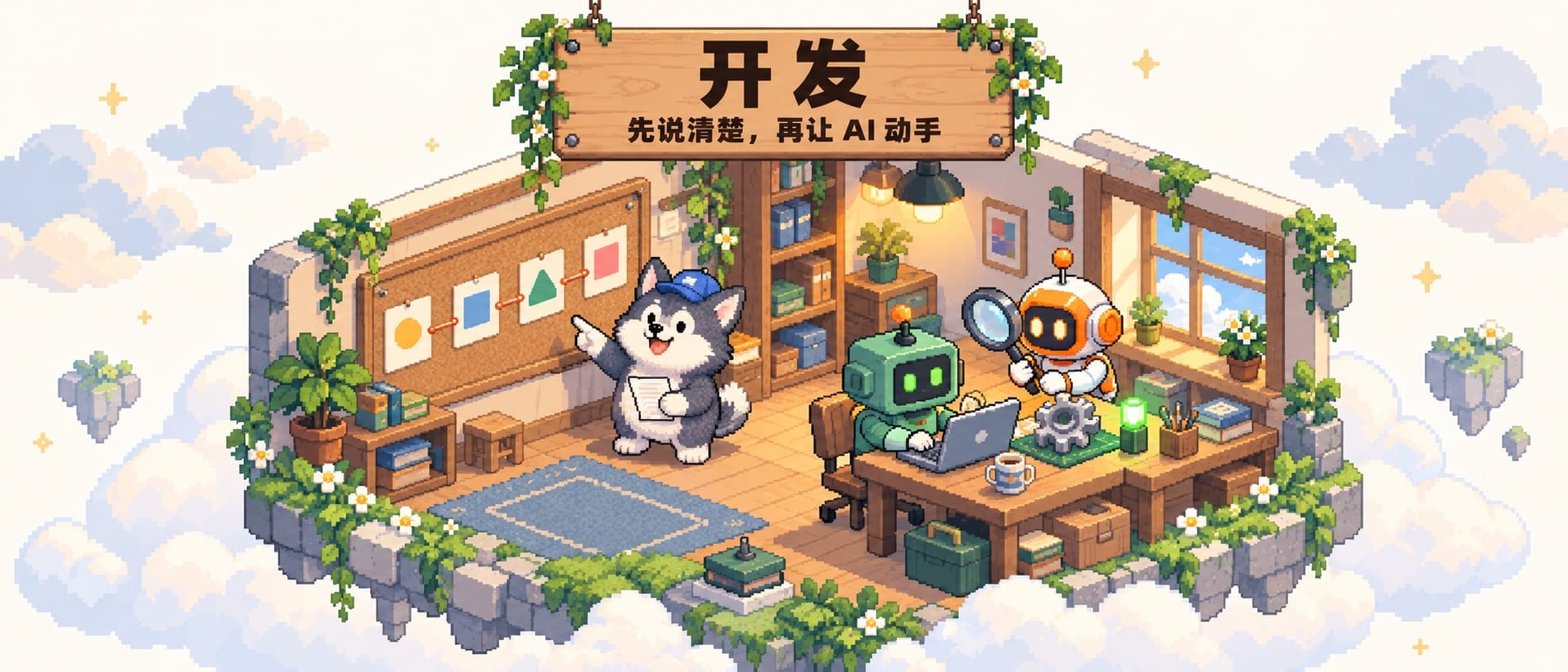 开发：狗子对着流程板讲解，一个 AI 搭子写代码，另一个拿放大镜检查