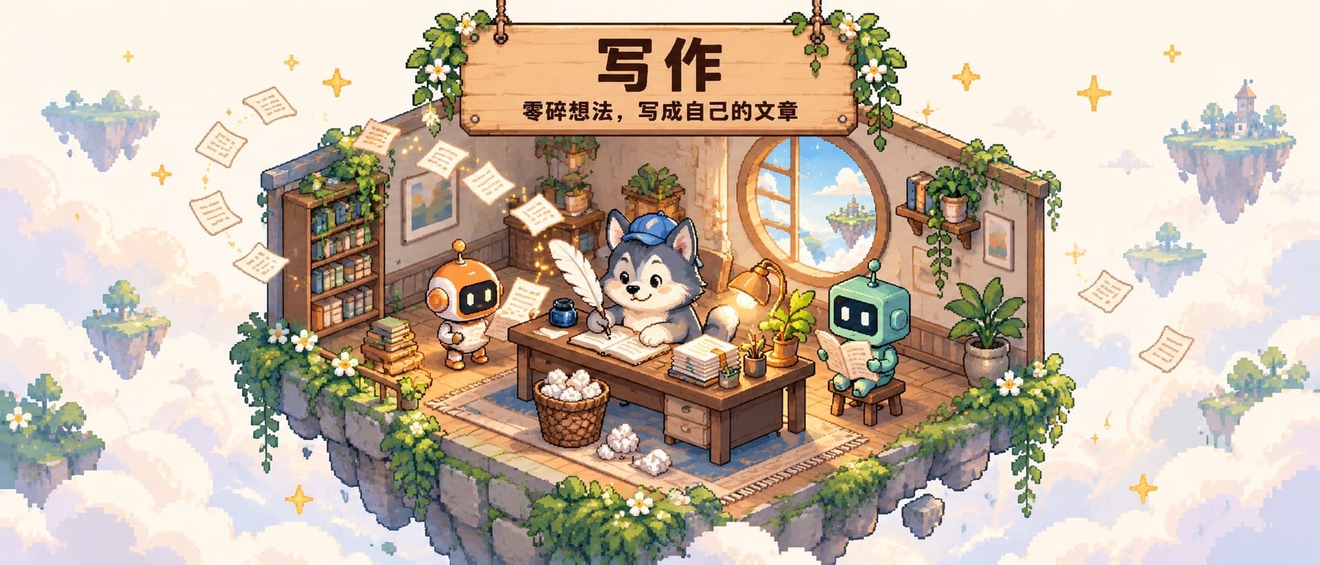 写作：零散纸片飘向书桌上的手稿，狗子握笔书写