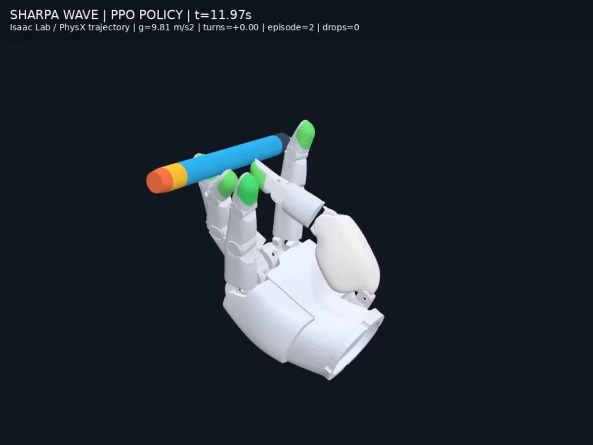 Sharpa Wave dexterous hand spinning a pen with a PPO policy in Isaac Lab